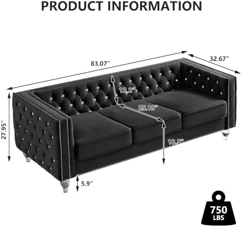 Aoowow Chesterfield 3 Seater Sofa Diamond Button Tufted, Modern Velvet Black 3 - Image 2