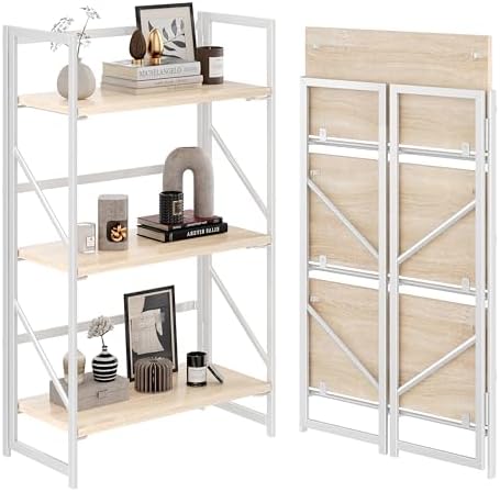 JSB 3 Tier No Assembly Folding Bookshelf, Industrial Metal Book Shelf by HomeFurniture