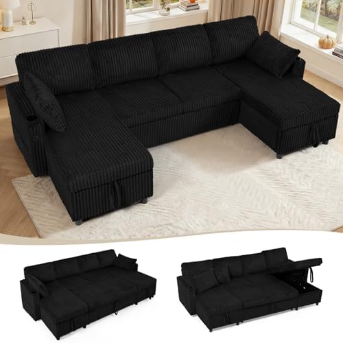 110" Corduroy U-Shape Sofa Bed by LESOFAIR