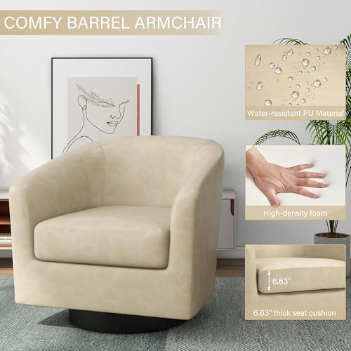 Pia Ricco Faux Leather 360° Swivel Barrel Accent Chair Cream - Image 5
