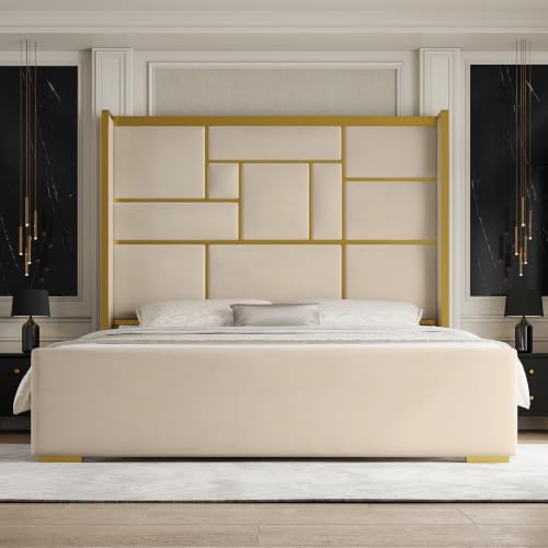 King Bed Frame and Gold Trim Headboard, Upholstered Bed by UTEERAN