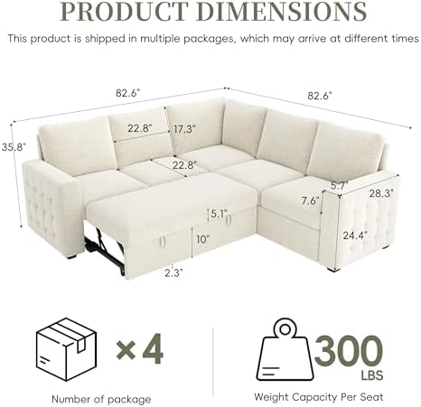 86" Sectional Sleeper Sofa Bed, 5 Seat Pull Out Couch - Image 3