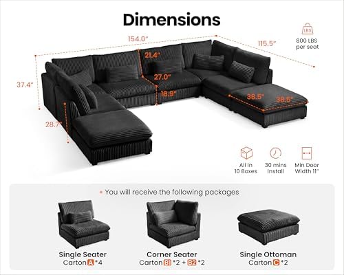154" Oversize Corduroy Modular Sectional Sofa Couches - Image 2