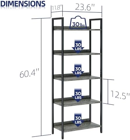 NUMENN Bookshelf, 5 Tier Freestanding Shelving Unit, Dark Grey - Image 3