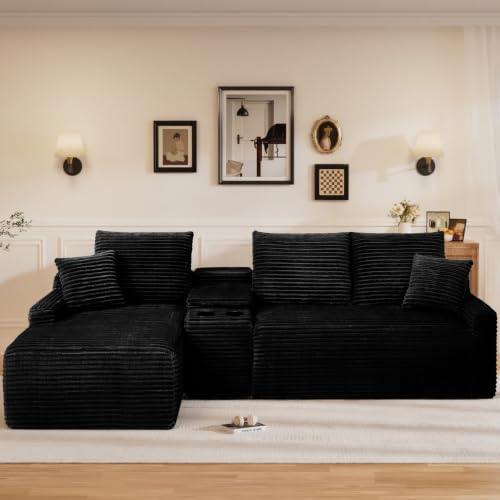 95" L Shaped Cloud Couch Modular Sectional Sofa, Comfy Fluffy Corduroy Black by Flyida