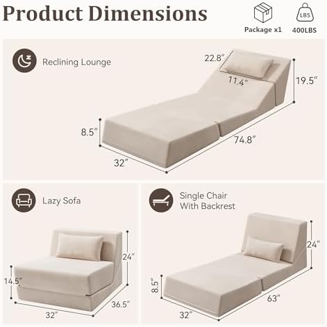 Fold Out Chair Bed, Folding Sofa Bed, 3 in 1 Convertible Sleeper Chair Bed - Image 2