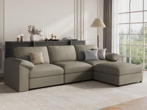 EASE MOOSE Faux Leather Couch, Modular Sectional Sofa, Light Grey by EASEMOOSE