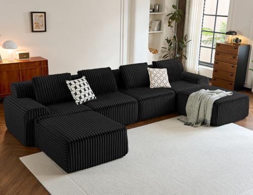 147" Boneless Couches for Living Room Oversized U-Shaped Black by Kalafini