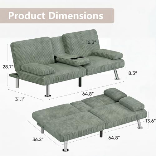 Flamaker Futon Sofa Bed, Modern Corduroy Convertible Folding Futon Set - Image 3