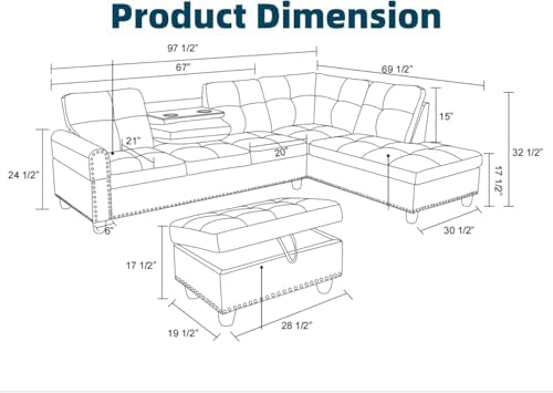 L-Shaped Couch Set, 97.5" L x 69.5" W Sectional Sofas Linen Brown - Image 2
