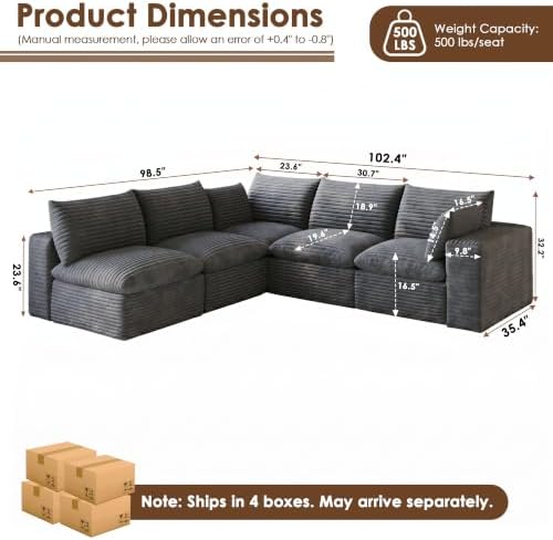 103" Cloud Couch Modular Sectional Sofa, Oversized L-Shaped 5 Seater Deep Seat - Image 2
