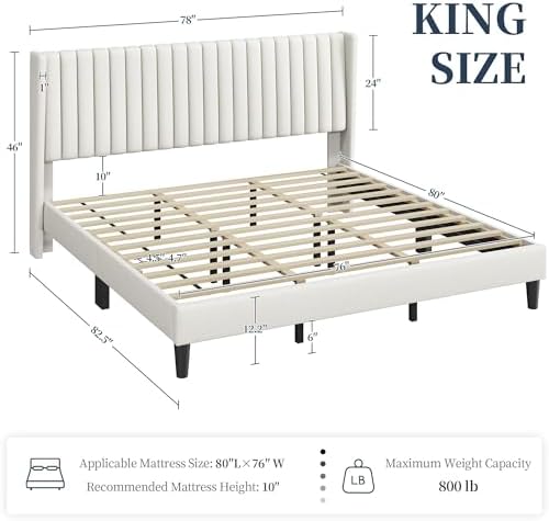 Yaheetech King Bed Frame with Headboard, Ivory Channel-Tufted Platform - Image 2
