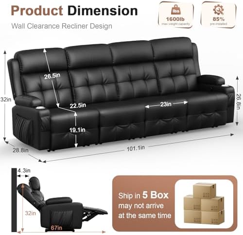 Reclining Loveseat Sofa, RV Loveseats Recliner Sofas Wall Hugger, Double - Image 2