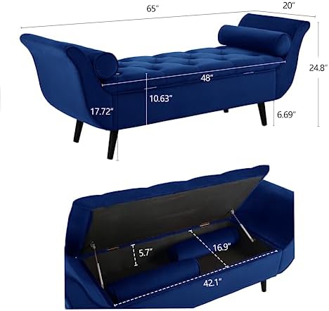 Storage Bench for Bedroom End of Bed, Velvet Upholstered Rolled Armed Button - Image 2