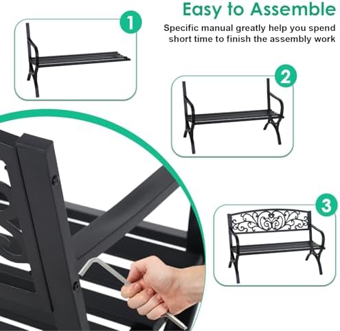 FDW | 50" Outdoor Garden Bench | Black | 485lbs Load Capacity - Image 4