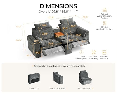 103" Modular Power Reclining Sectional 2 Seater Loveseat Sofa - Image 2