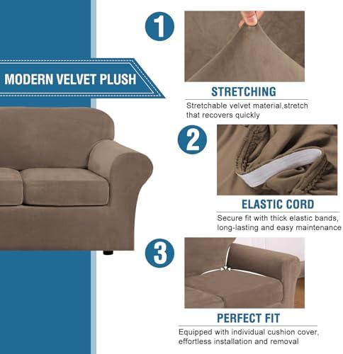 H.VERSAILTEX High Stretch Sofa Slipcover 4 Piece Cover Velvet Furniture - Image 3