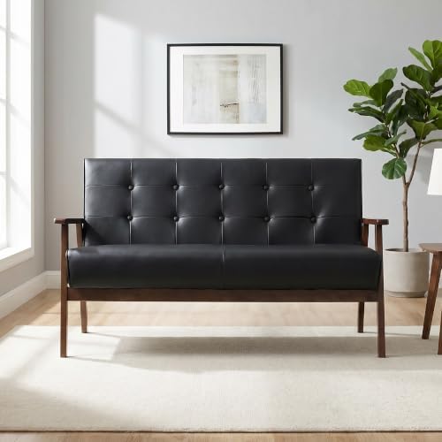 51" Black Faux Leather Mid Century Modern Loveseat - Image 7