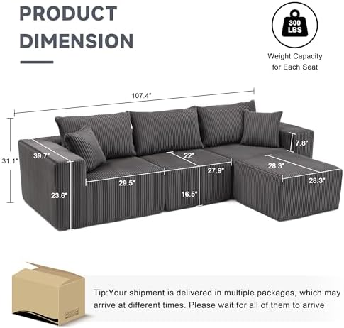 Weture 107.4" Modular Bnoeless Couch, Convertible Sectional Couch - Image 3