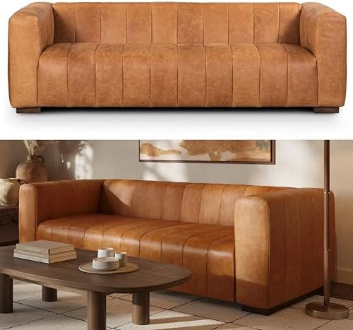 POLY & BARK Canale Sofa – 86" Channel-Tufted Italian Leather Couch – Cognac Tan by Unknown