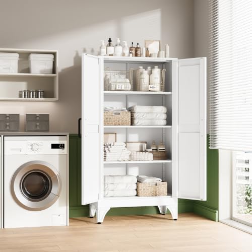 Letaya Metal Storage Cabinet, Small White Kitchen Pantry, - Image 5