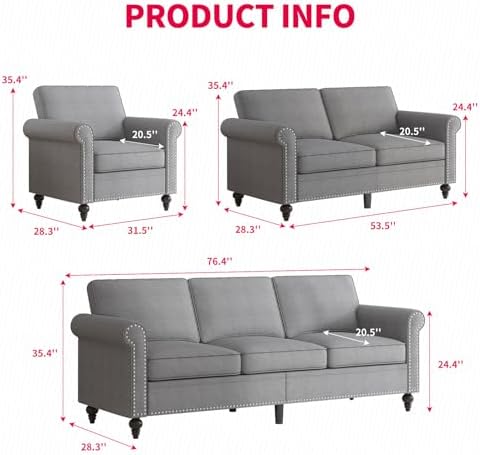 MUZZ 3PCS Sofa Set for Living Room, Modern Linen Couch Set - Image 2