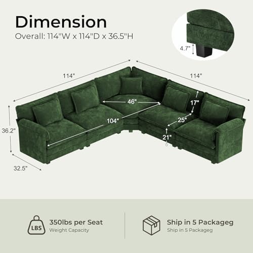 ELUCHANG 114" Oversized Modular Sectional Sofa, Comfy Chenille Cloud Couch - Image 2