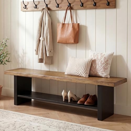 55" Solid Wood Bench with Shoe Storage, 2-Tier Farmhouse Entryway Bench - Image 3