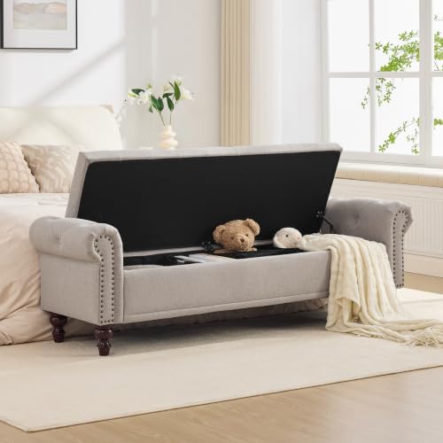 SOFTHION 67" Storage Bench for Bedroom, Linen Upholstered, Light Brown by SofthionDesign