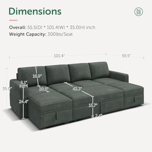 HONBAY Modular Sectional Sleeper Sofa Bed, Corduroy Pull Out Couch - Image 2