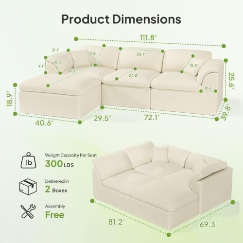 Welzona 112" Sofas for Living Room, Cloud Couch Modular Sectional Sofa Soft - Image 2