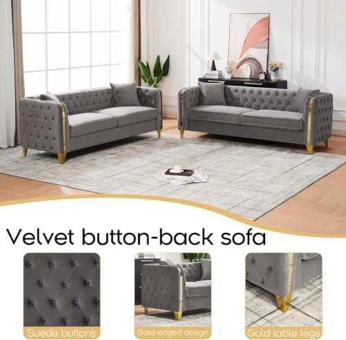 Velvet Chesterfield Button Tufted Sofa Set, Upholstered Comfy Sofa - Image 3