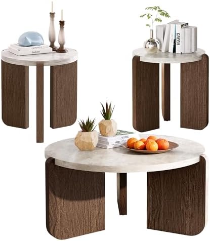 SUNBURY Coffee Table and End Table Sets, Round Marble Modern 3-Piece Living by SUNBURY