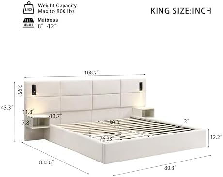 King Size Bed Frame with LED Lights and Floating Shelves, Modern Chenille - Image 2