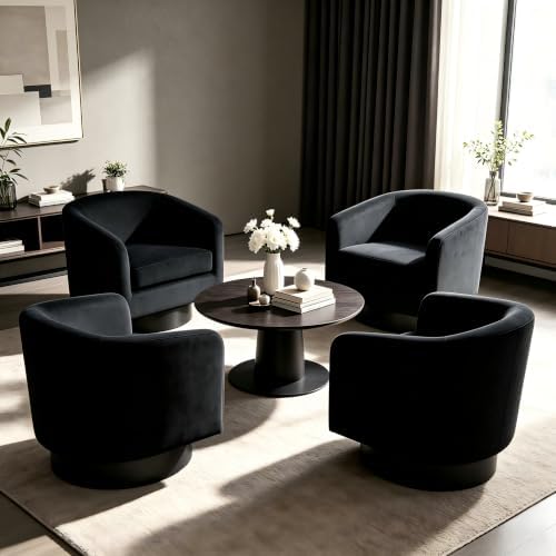 Pia Ricco Set of 4 Velvet 360° Swivel Barrel Accent Chair Black by PiaRicco
