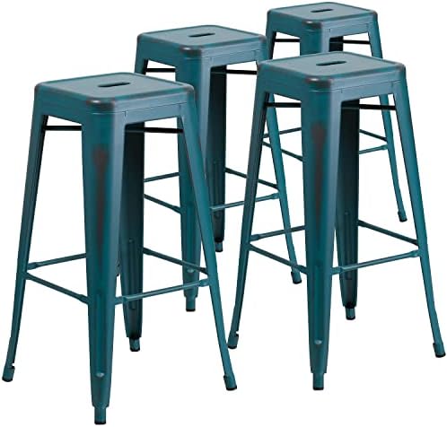 Flash Furniture Kai Commercial Grade 4 Pack 30" High Backless Distressed Kelly by FlashFurniture