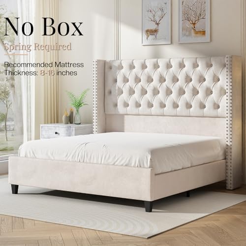 Jocisland King Size Bed Frame Velvet Upholstered Platform Bed - Image 6