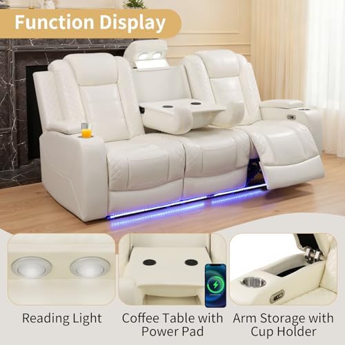 Power Recliner Sofa with LED Lights, Leather Reclining Couch with Double - Image 3