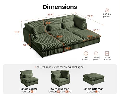 115" Oversize Corduroy Modular Sectional Sofa Couches - Image 2