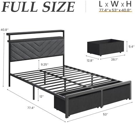 Fluest Full Bed Frame with 2 Drawers, Upholstered Headboard with Storage and - Image 2