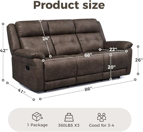 Oversized Manual Recliner Sofa, 86” Extra Wide 3 Seater Reclining Couch - Image 3