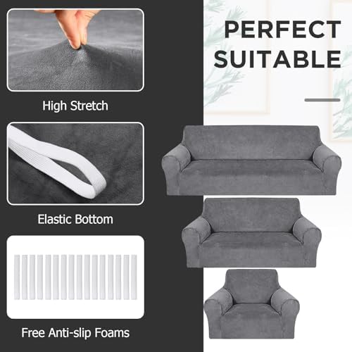 Peryiter 3 Pcs Couch and Loveseat Sofa Covers, Light Gray - Image 4