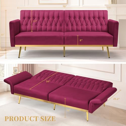 70” Velvet Futon Sofa Bed w/Adjustable Armrests - Image 3