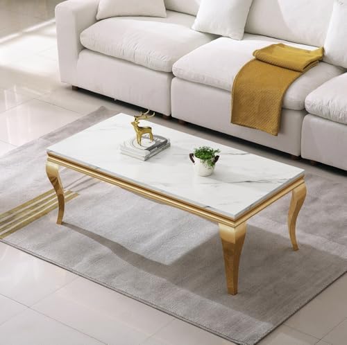 White and Gold Faux Marble Coffee Table Modern Centre Table - Image 3