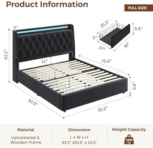 Full LED Velvet Bed Frame with 2 Storage Drawers&Hidden Headboard, Upholstered - Image 2