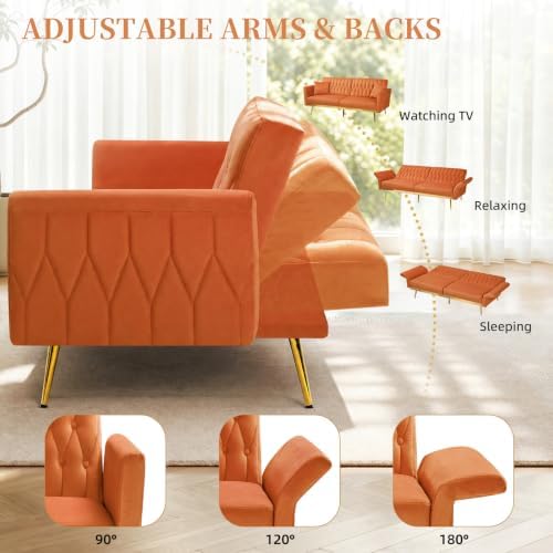 70” Velvet Futon Sofa Bed w/Adjustable Armrests - Image 4