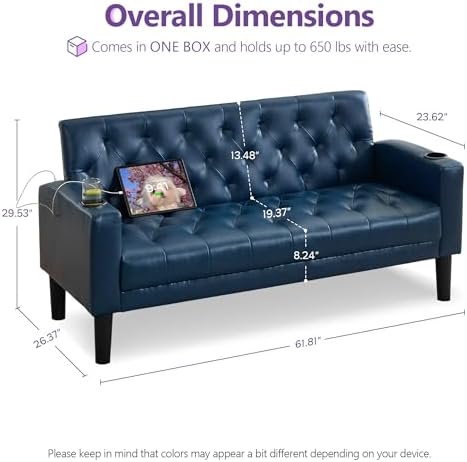 TYBOATLE 62'' Blue Leather Loveseat, Small Couch - Image 2