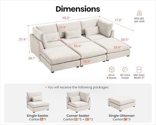 115" Oversize Chenille Modular Sectional Sofa Couches - Image 2