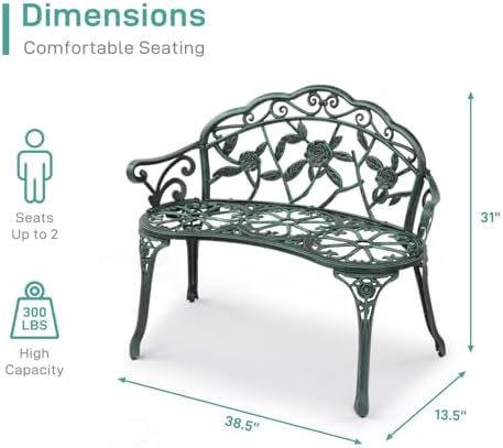 VINGLI 38.5" Patio Park Garden Outdoor Metal Rose Bench, 2-Person Cast Iron - Image 3