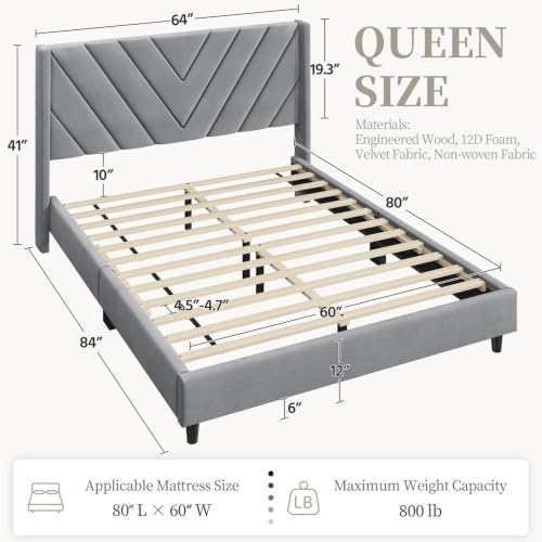 Yaheetech Queen Bed Frame with Chevron Channel-Tufted Headboard, Light Gray - Image 2